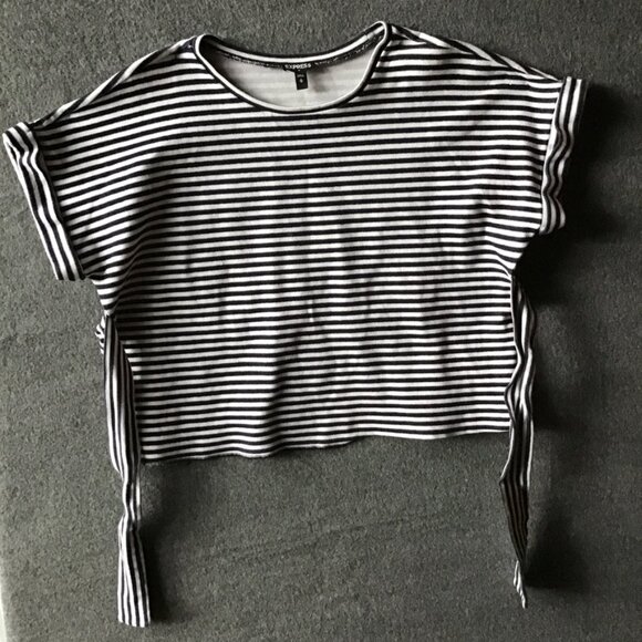 Express Striped Tie Back Midnight Blue and White Heavy Knit Shirt Sz M - Picture 3 of 5